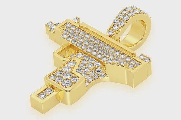 UZI HANDGUN DIAMOND PENDANT 14K SOLID GOLD 0.55 CTW, Color: Yellow Gold, Diamond: VS