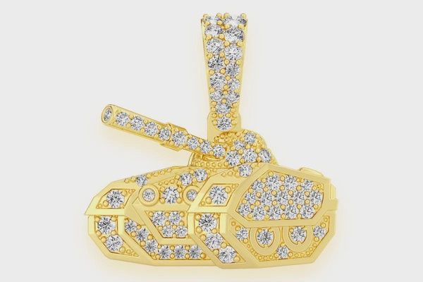 MILITARY BATTLE TANK DIAMOND PENDANT 14K SOLID GOLD 0.40 CTW, Color: Yellow Gold, Diamond: VS