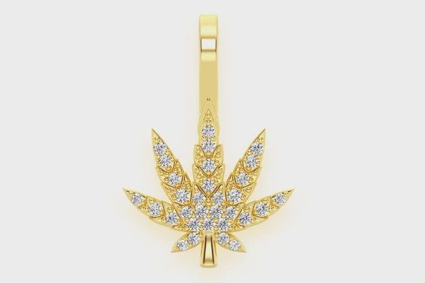 CANNABIS LEAF DIAMOND PENDANT 14K SOLID GOLD 0.15CTW, Color: Yellow Gold, Diamond: VS