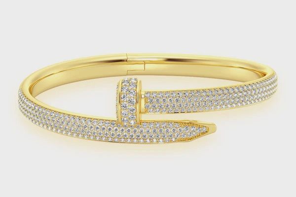 SMALL NAIL DIAMOND BANGLE 14K SOLID GOLD 2.75CTW, Color: Yellow Gold, Diamond: VS, Size: 6.5