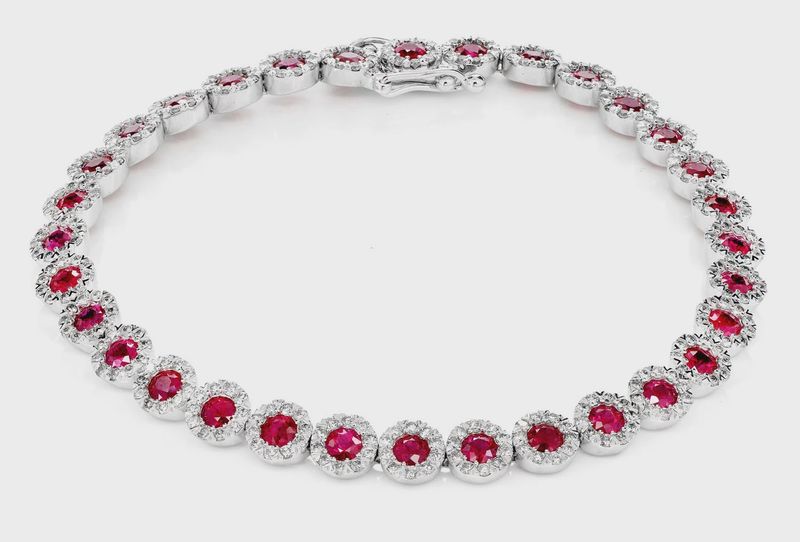 RUBY AND DIAMOND HALO TENNIS BRACELET 14K SOLID GOLD 9.00CTW
