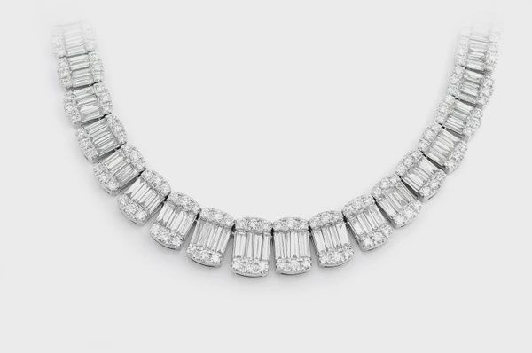 GRADUATED BAGUETTE OVAL LINK DIAMOND NECKLACE 14K SOLID GOLD 31.35CTW, Colour: White Gold, Diamond: VS, Size: 16
