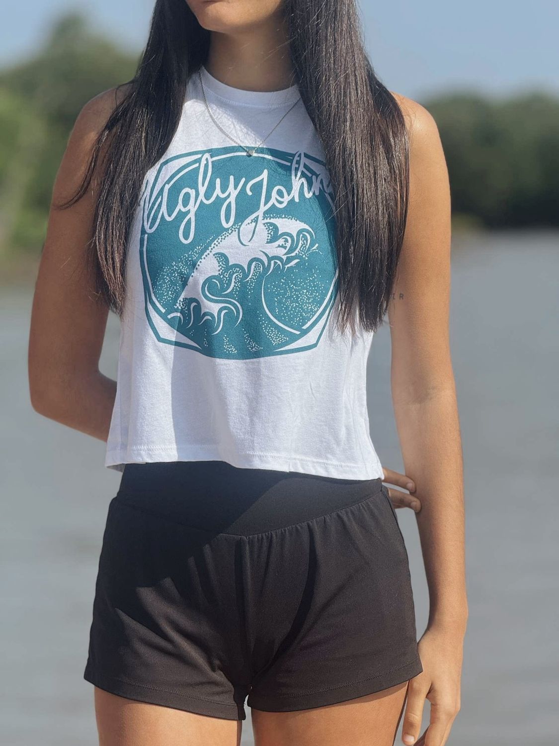 White Crop Ugly Johns Racerback Tank