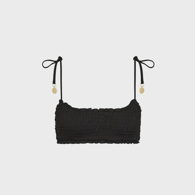 Shirred Crop Tie Bikini Top- Twilight Black
