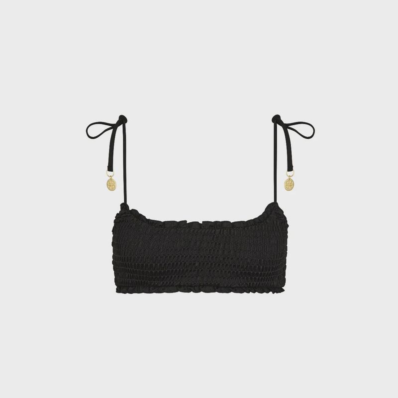 Shirred Crop Tie Bikini Top- Twilight Black