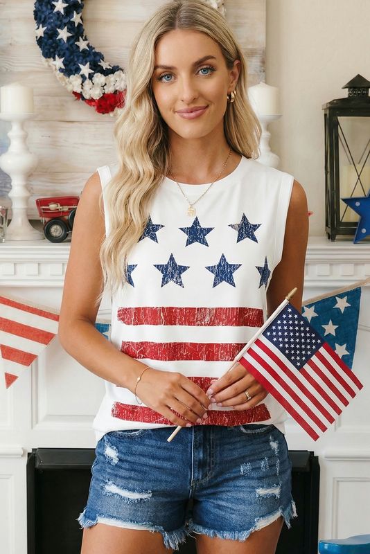 66 Vintage Stars and Stripes Printed Casual Tank Top (S-XL): White / Missy / XL