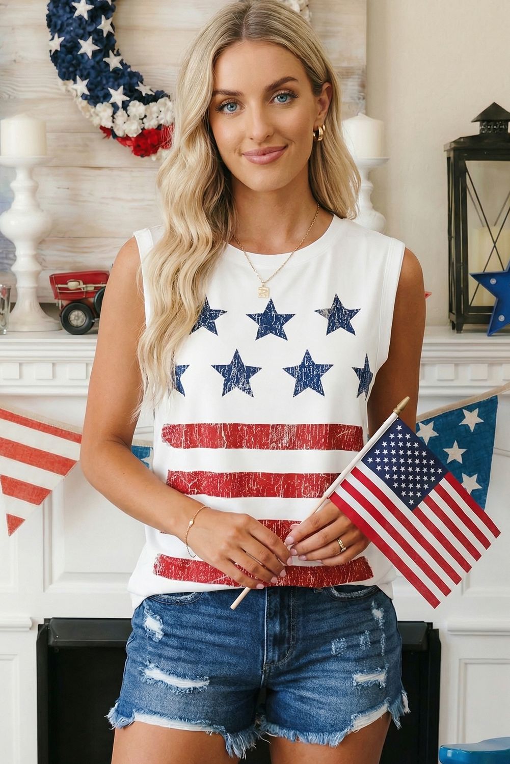 66 Vintage Stars and Stripes Printed Casual Tank Top (S-XL): White / Missy / S