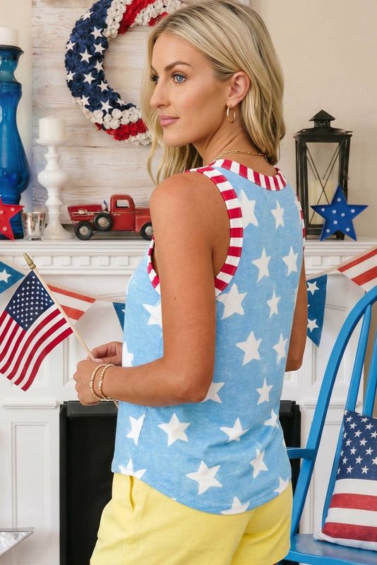66Tie Dye Star Print Striped Trim Round Neck Tank Top (S-XL): Blue / Missy / M