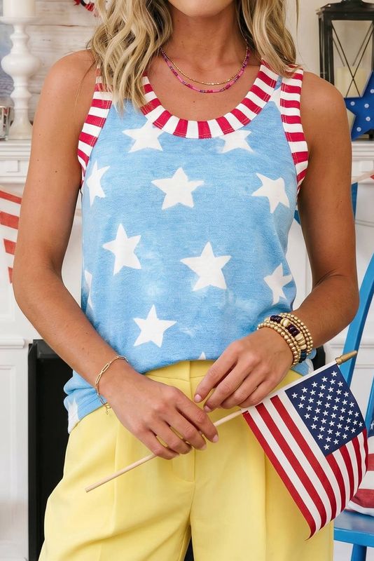 66Tie Dye Star Print Striped Trim Round Neck Tank Top (S-XL): Blue / Missy / S