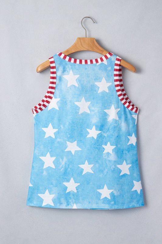 66Tie Dye Star Print Striped Trim Round Neck Tank Top (S-XL): Blue / Missy / XL