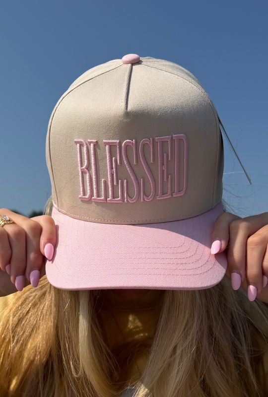 C.C BLESSED Letter Embroidered Two Tone Trucker Cap: Light Pink