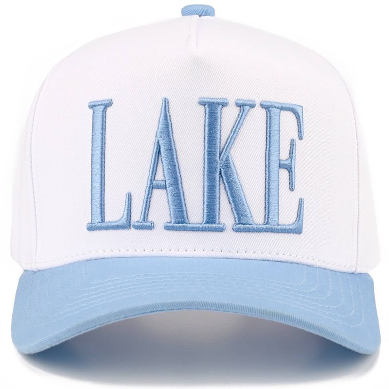 C.C LAKE Letter Embroidered Two Tone Trucker Hat: Sky Blue/White