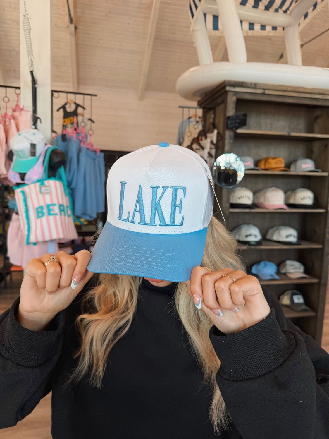 C.C LAKE Letter Embroidered Two Tone Trucker Hat: Sky Blue/White