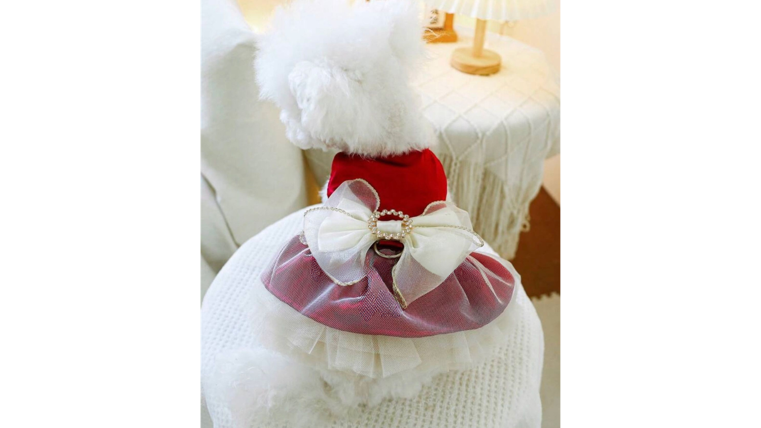 Red and White Tulle Dress with Pearl Bow Accent
