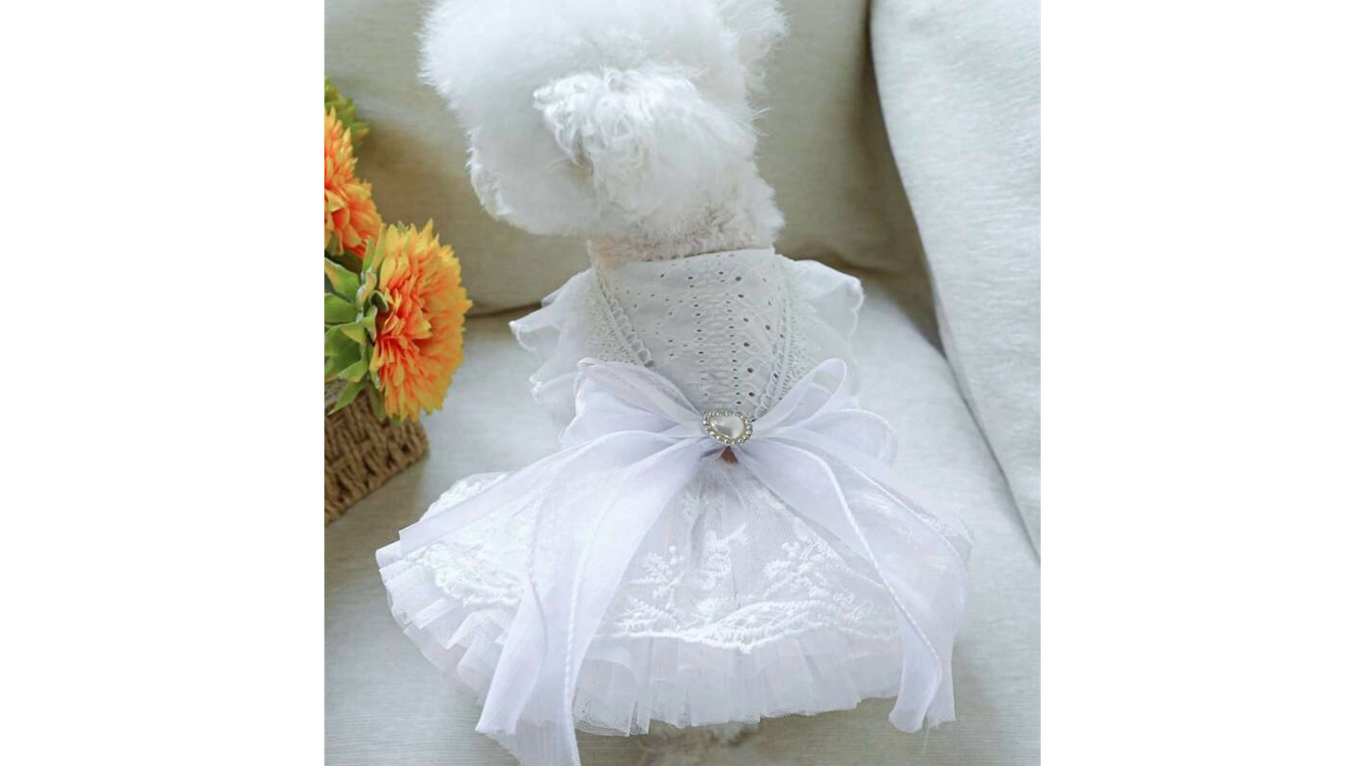 White Lace Bow Dress with Heart Jewel Accent
