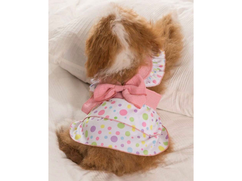 Pink polka dot dress with white lace trim