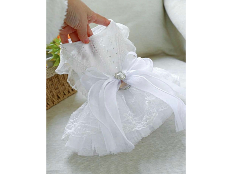 White lace dress with pink bow