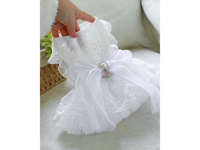 White lace dress with pink bow