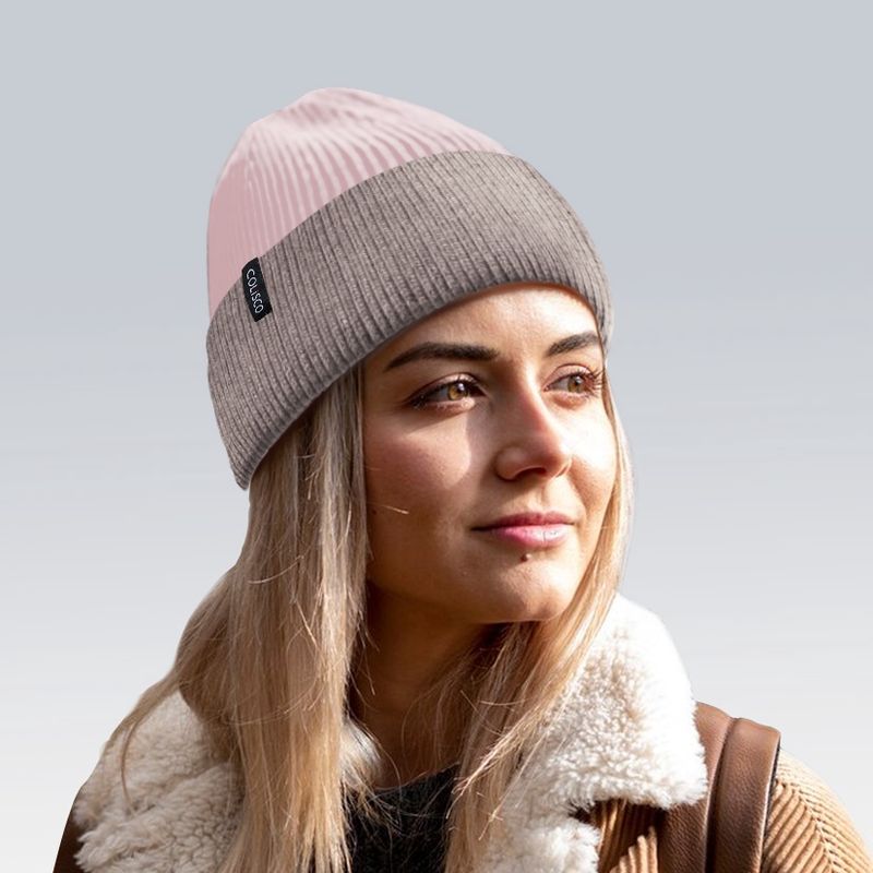 Colisco Soft Warm Cuff Beanie, Cozy Winter Knitted Beanie Hat, Pink/Brown 10218