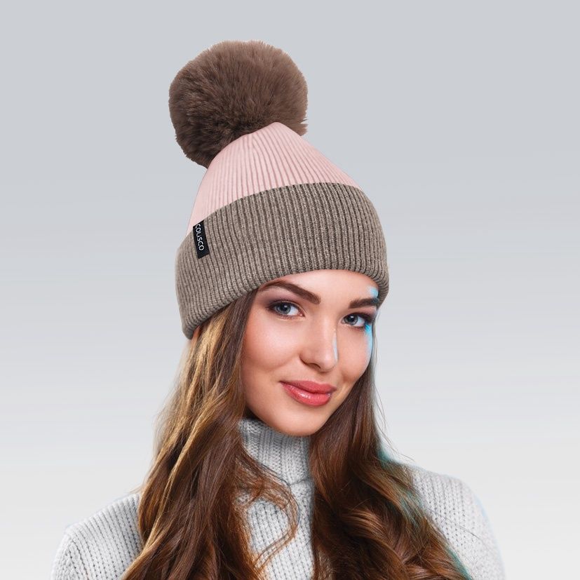 Colisco Soft Warm Pompom Beanies, Cozy Winter Knitted Beanie Hat, Brown/Pink 10136