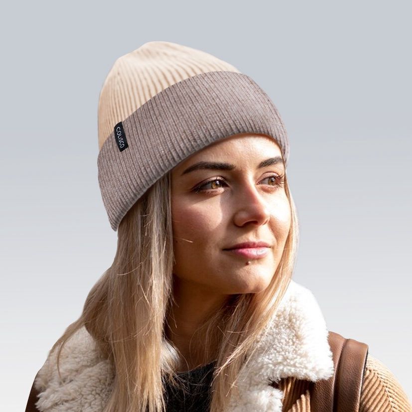 Colisco Soft Warm Cuff Beanie, Cozy Winter Knitted Beanie Hat, Cream/Brown 10210