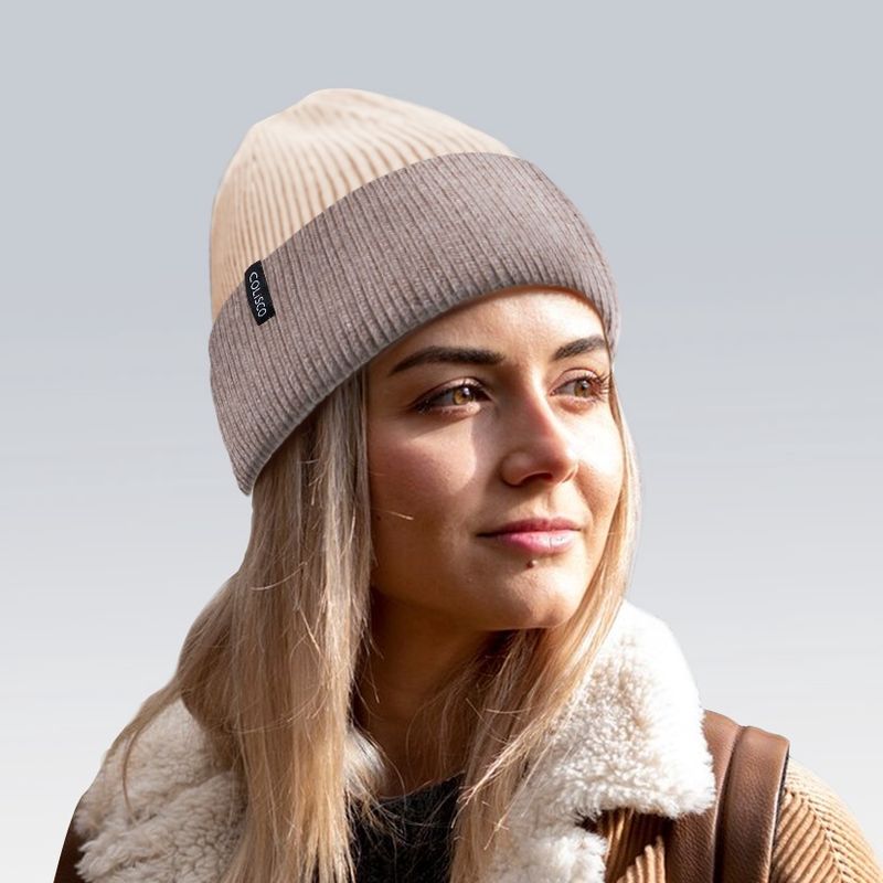 Colisco Soft Warm Cuff Beanie, Cozy Winter Knitted Beanie Hat, Cream/Brown 10210