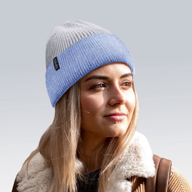 Colisco Soft Warm Cuff Beanie, Cozy Winter Knitted Beanie Hat, Grey/Blue 10219