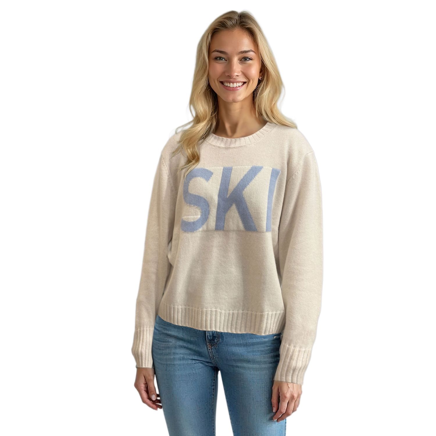 Colisco's 100% Pure Cashmere Crew Neck Sweater, Ivory "SKI" S