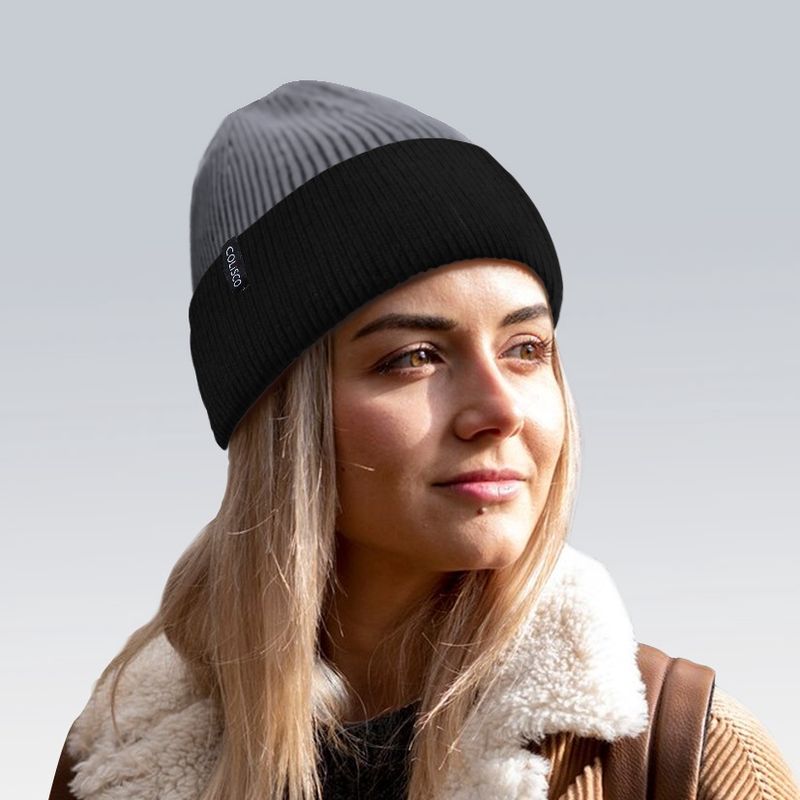 Colisco Soft Warm Cuff Beanie, Cozy Winter Knitted Beanie Hat Light Grey/Black 10213