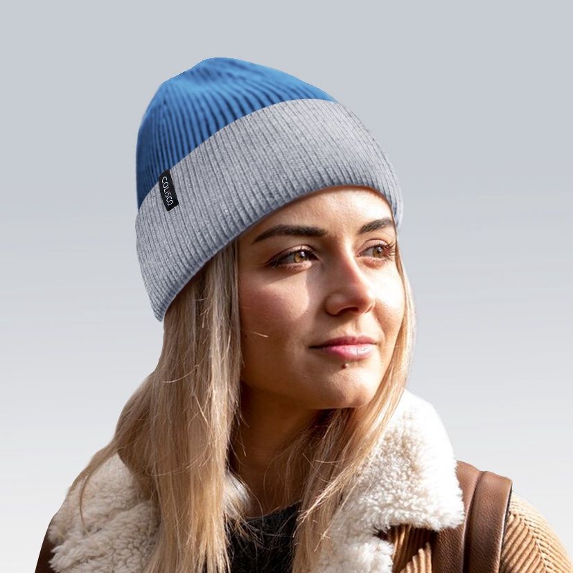 Colisco Soft Warm Cuff Beanie, Cozy Winter Knitted Beanie Hat, Blue/Light Grey 10212