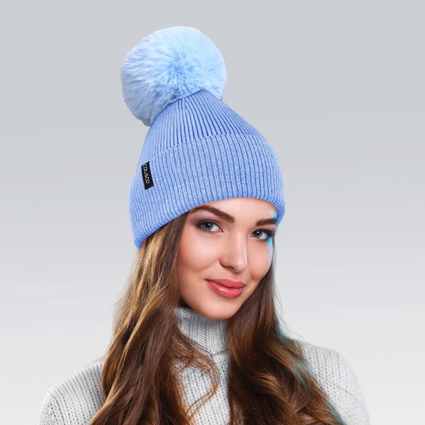 Colisco Soft Warm Pompom Beanies, Cozy Winter Knitted Beanie Hat, Blue 10116