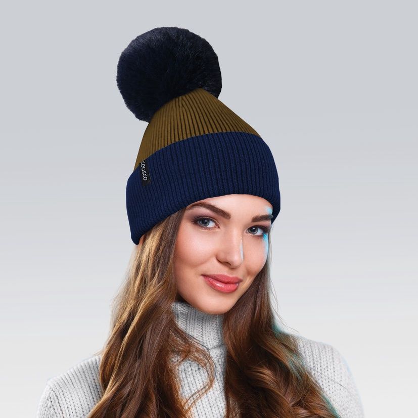 Colisco Soft Warm Pompom Beanies, Cozy Winter Knitted Beanie Hat, Navy/Camel 10128