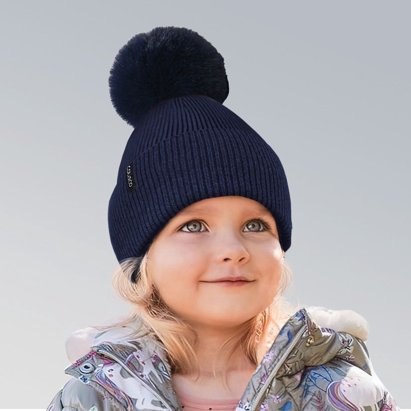 Colisco Soft Warm Pompom Beanie, Cozy Winter Knitted Beanie Hat, Dark Blue 10126