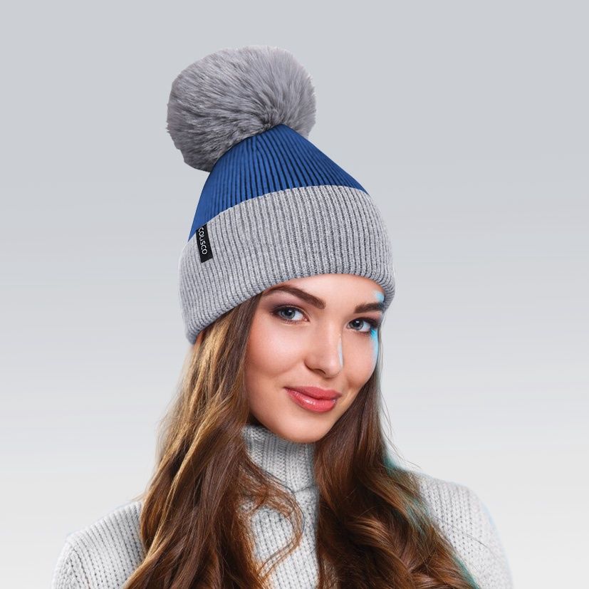 Colisco Soft Warm Pompom Beanies, Cozy Winter Knitted Beanie Hat, Blue/Grey 10139