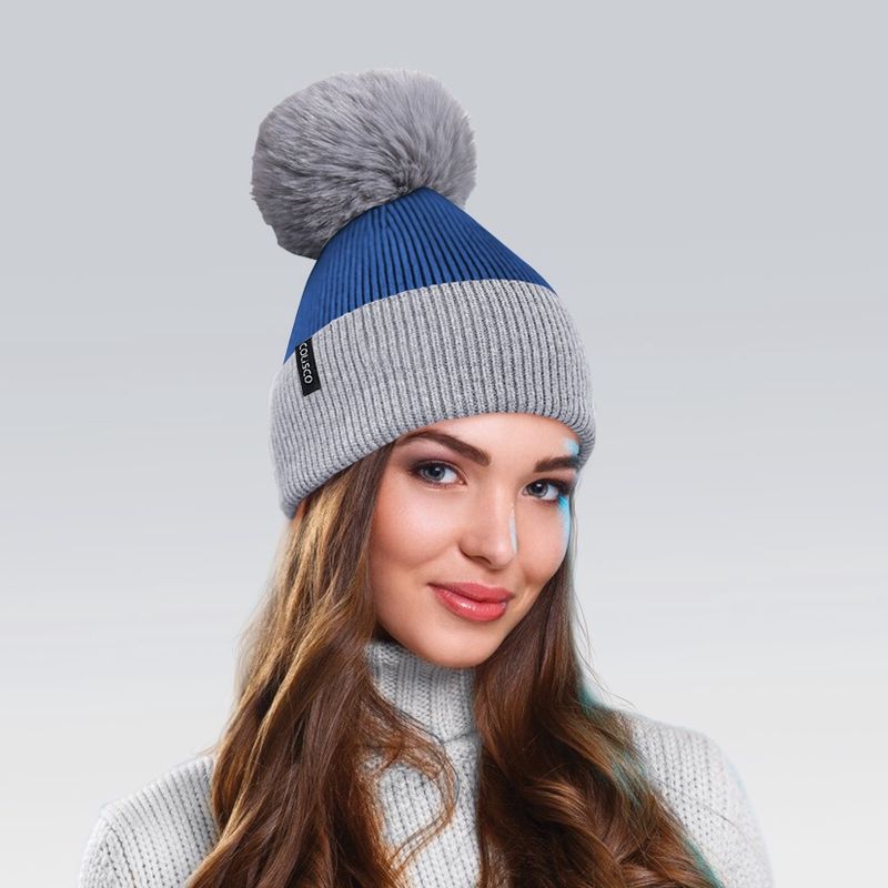 Colisco Soft Warm Pompom Beanies, Cozy Winter Knitted Beanie Hat, Blue/Grey 10139
