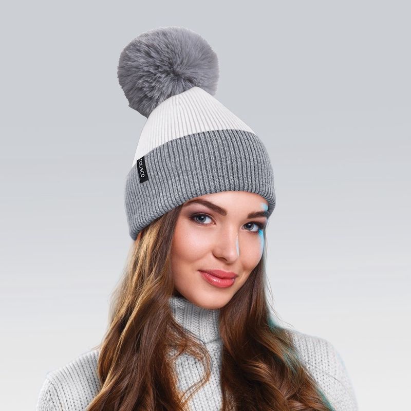 Colisco Soft Warm Pompom Beanies, Cozy Winter Knitted Beanie Hat, Gray/White 10145
