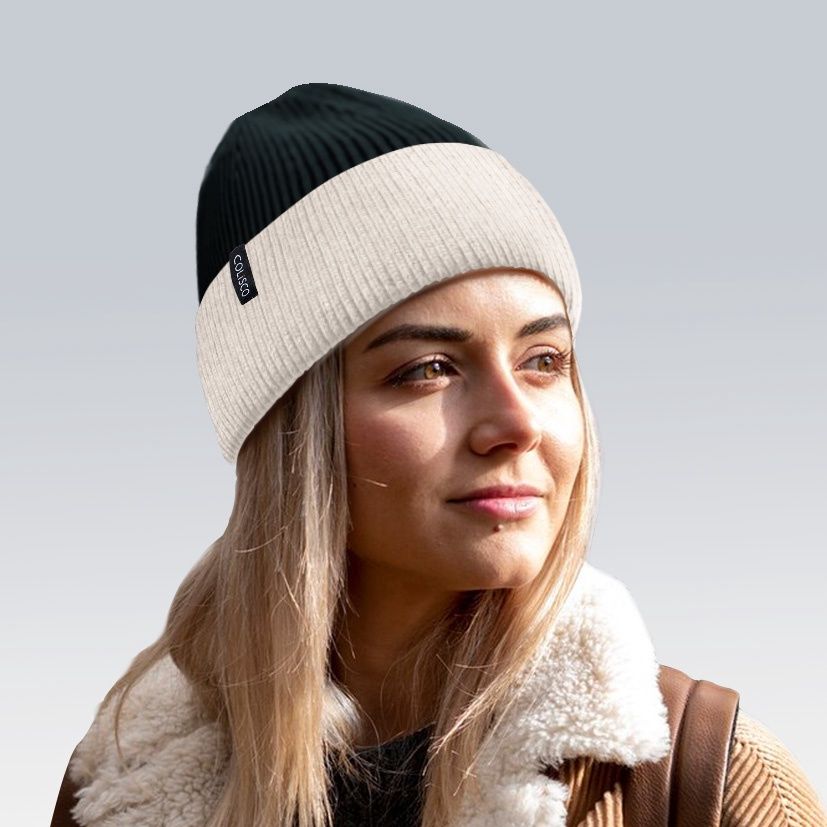 Colisco Soft Warm Cuff Beanie, Cozy Winter Knitted Beanie Hat, Black/White 10214