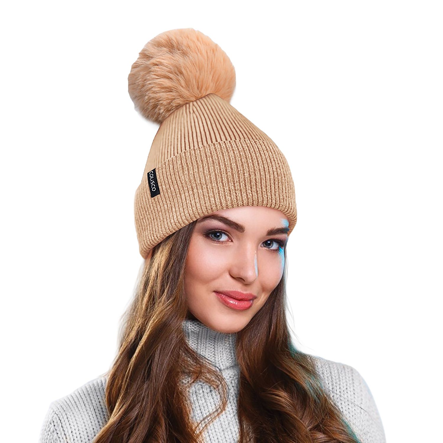 Colisco Soft Warm Pompom Beanies, Cozy Winter Knitted Beanie Hat, Camel 10105