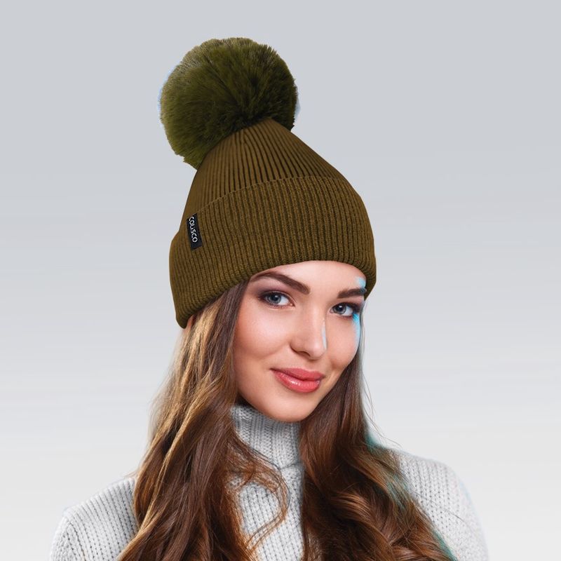 Colisco Soft Warm Pompom Beanies, Cozy Winter Knitted Beanie Hat, Olive Green 10110