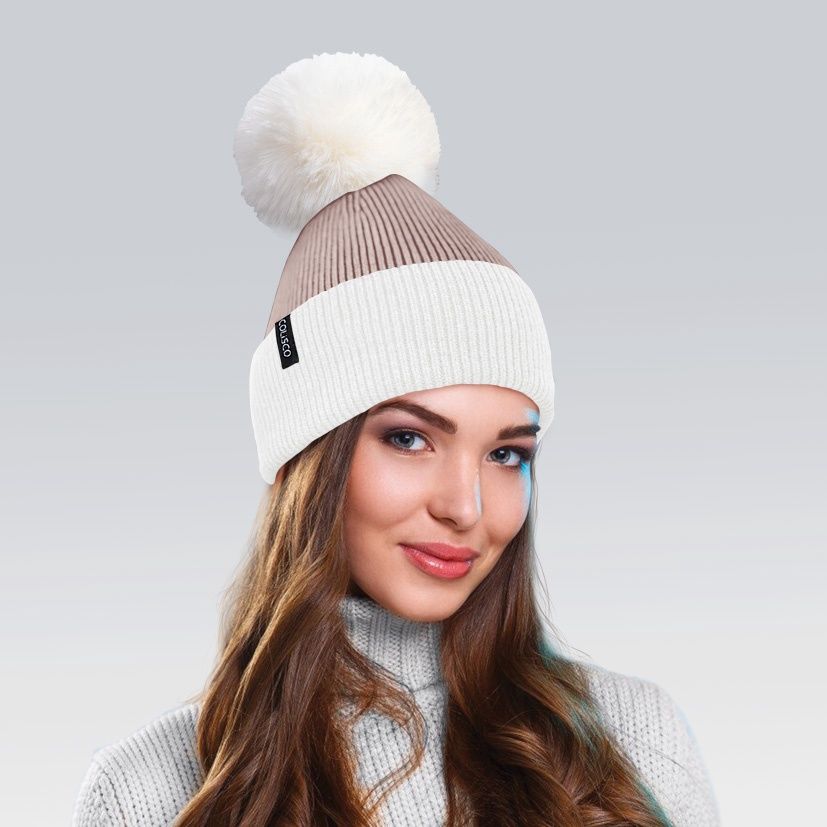 Colisco Soft Warm Pompom Beanies, Cozy Winter Knitted Beanie Hat, White/Brown 10146