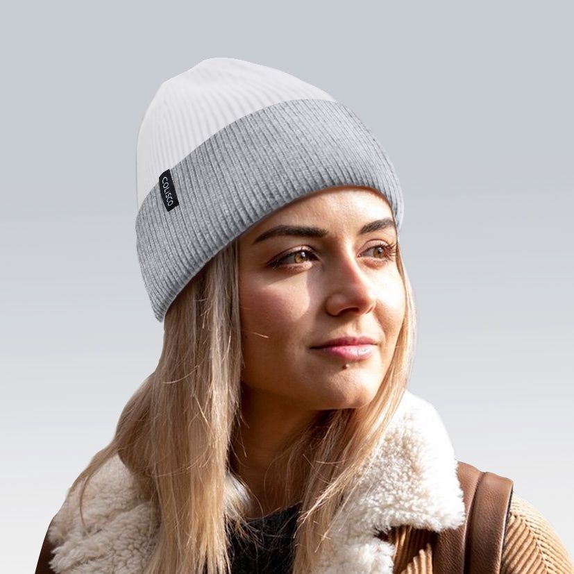 Colisco Soft Warm Cuff Beanie, Cozy Winter Knitted Beanie Hat, White/Grey 10220