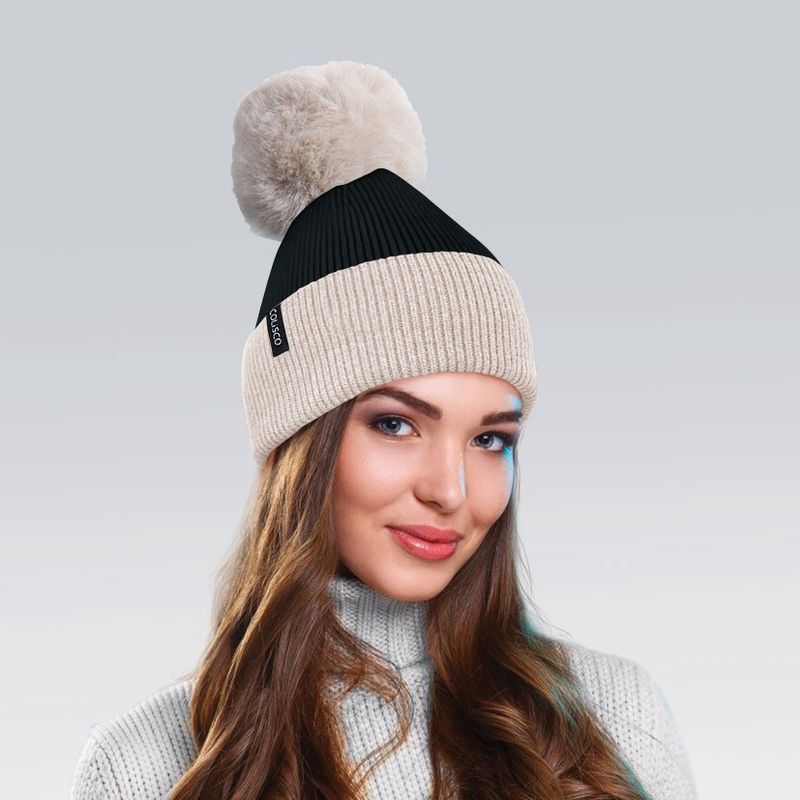 Colisco Soft Warm Pompom Beanies, Cozy Winter Knitted Beanie Hat, Cream/Black 10134