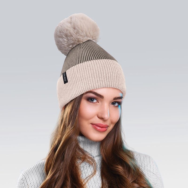 Colisco Soft Warm Pompom Beanies, Cozy Winter Knitted Beanie Hat, Cream/Brown 10142