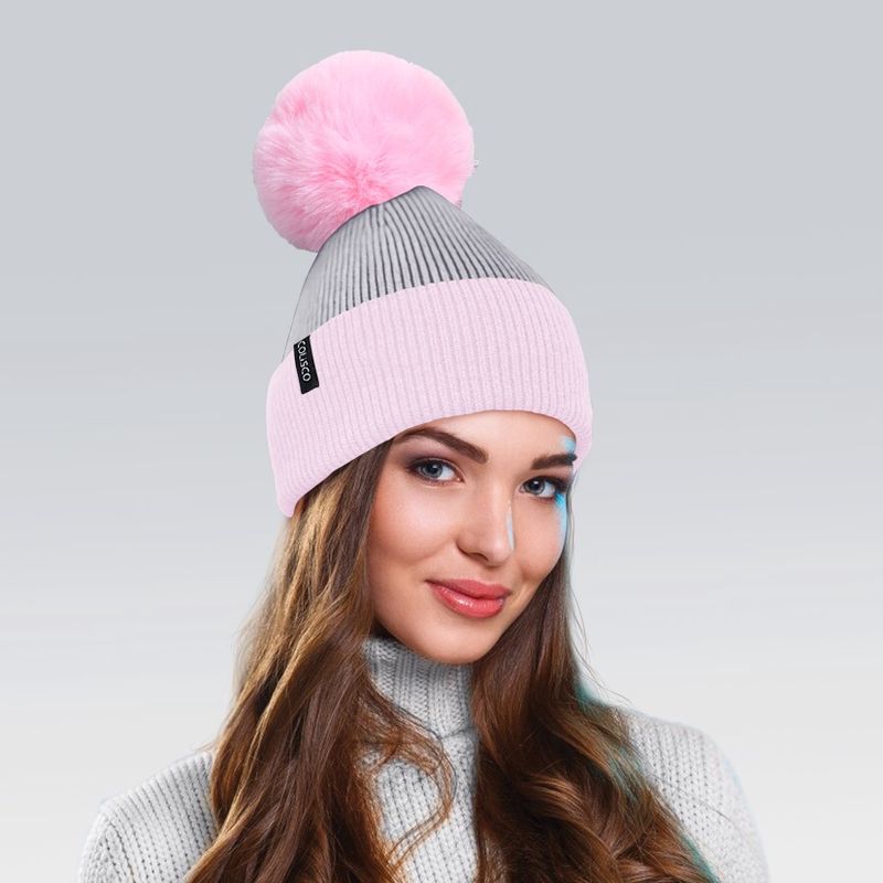 Colisco Soft Warm Pompom Beanies, Cozy Winter Knitted Beanie Hat, Grey/Pink 10140