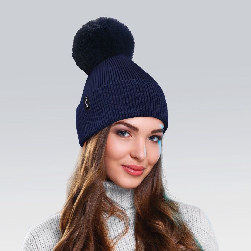 Colisco Soft Warm Pompom Beanies, Cozy Winter Knitted Beanie Hat, Dark Blue 10114