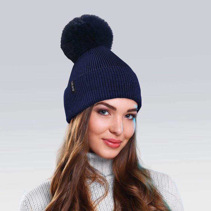 Colisco Soft Warm Pompom Beanies, Cozy Winter Knitted Beanie Hat, Dark Blue 10114