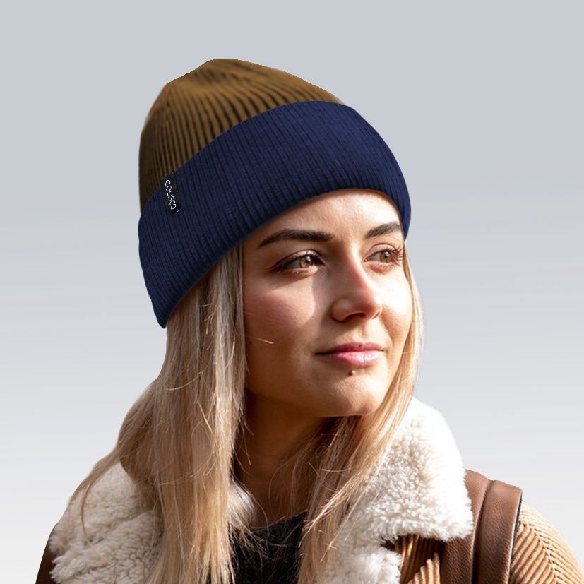 Colisco Soft Warm Cuff Beanie, Cozy Winter Knitted Beanie Hat, Blue/Camel 10215