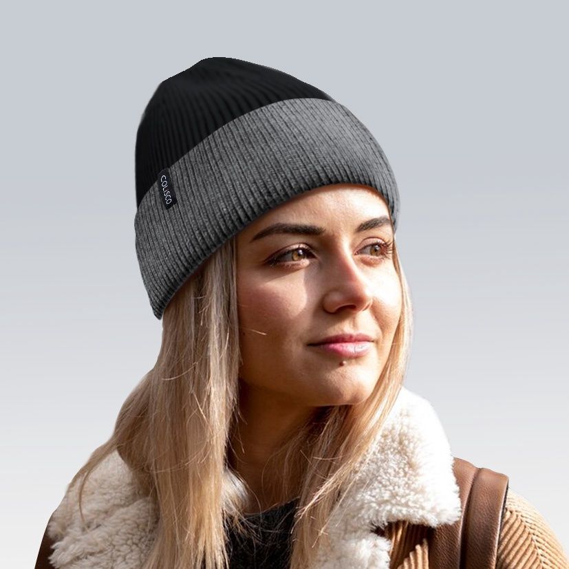 Colisco Soft Warm Cuff Beanie, Cozy Winter Knitted Beanie Hat, Grey/Black 10223