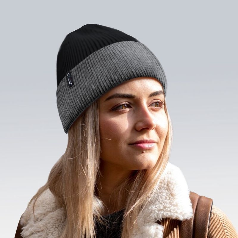 Colisco Soft Warm Cuff Beanie, Cozy Winter Knitted Beanie Hat, Grey/Black 10223