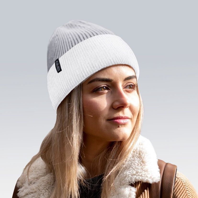 Colisco Soft Warm Cuff Beanie, Cozy Winter Knitted Beanie Hat, Grey/White 10221